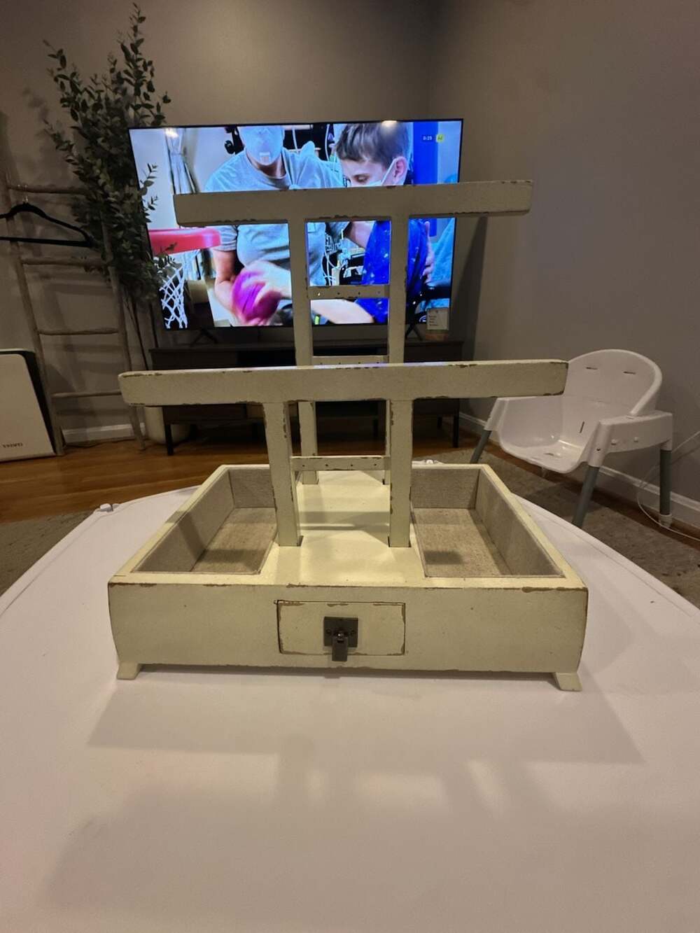 Distressed White Wood Jewelry Stand Organizer with Trays and Drawer